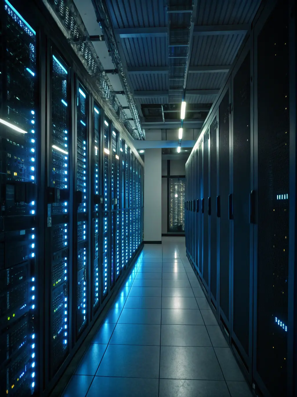 A secure server room with blinking lights, symbolizing data security and compliance with industry standards.