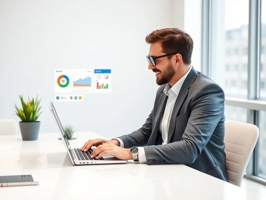 A professional using Golto.us CRM on a laptop, analyzing customer data to improve sales strategies in a modern office setting.