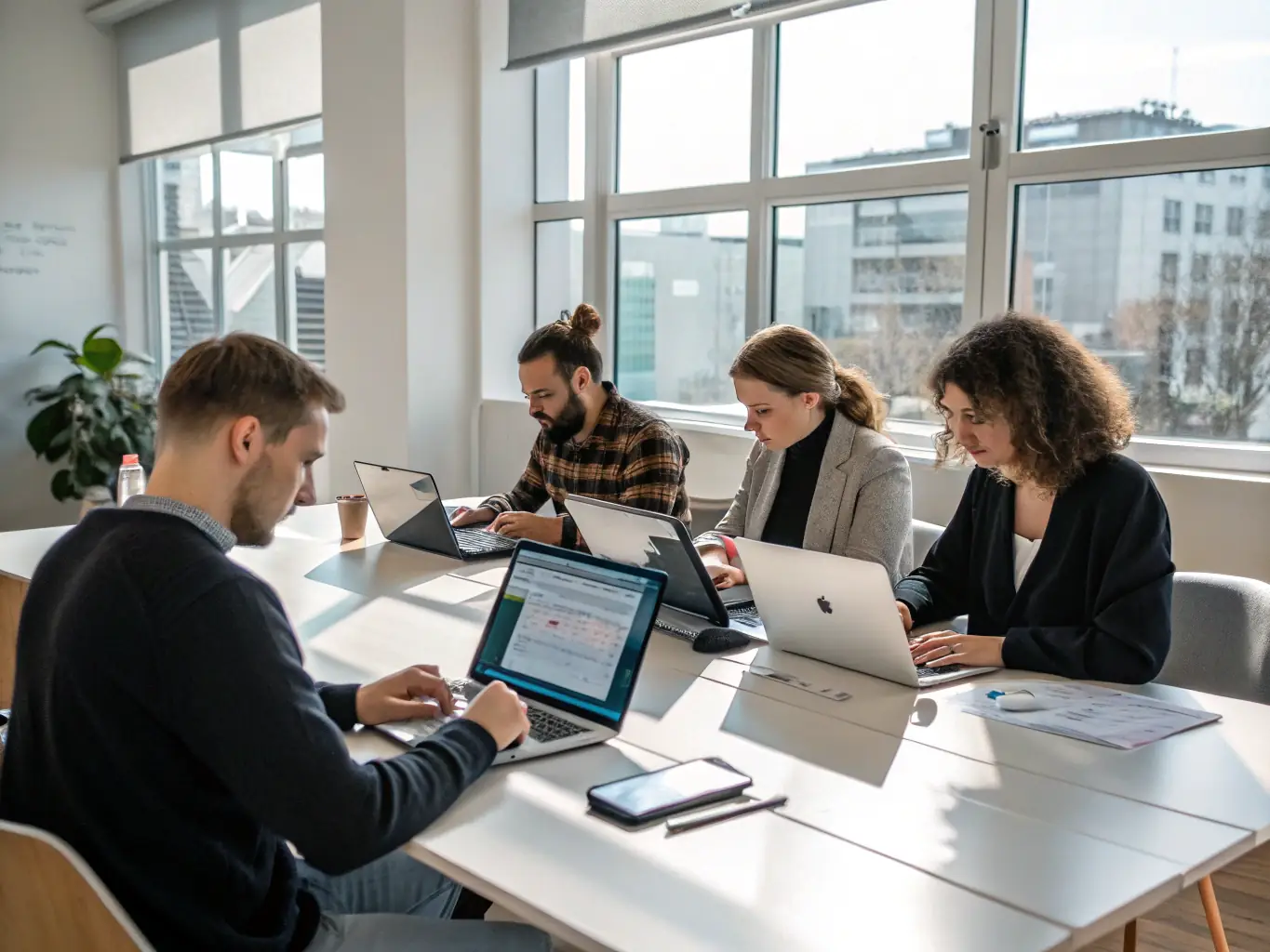 A team collaborating on system integration, automating workflows to streamline business operations in a tech-focused environment.