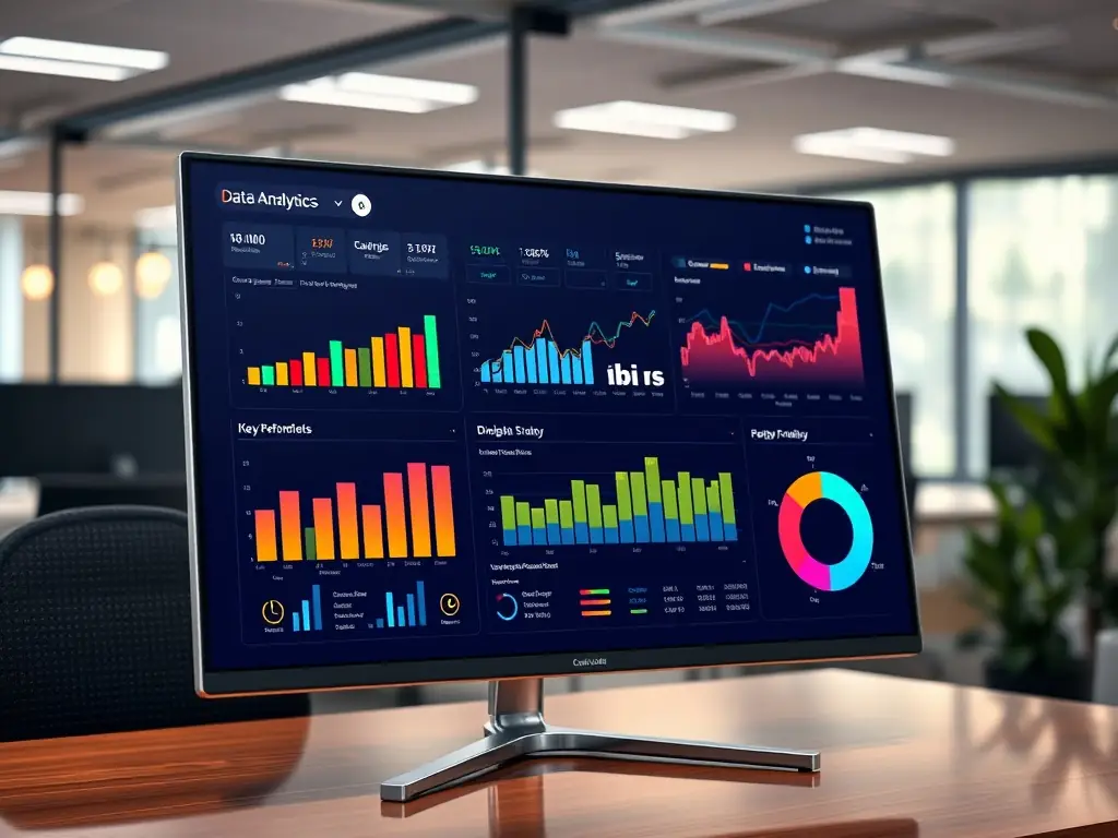 A visual representation of data management, showing organized data structures and analytics dashboards, emphasizing data security and accessibility.