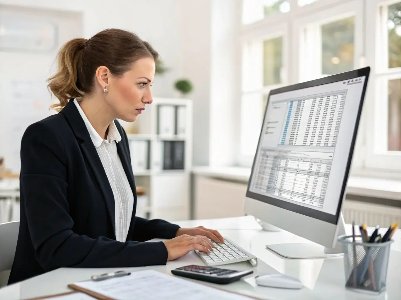 A data analyst using a dashboard to monitor and analyze business data, ensuring data security and compliance in a secure environment.